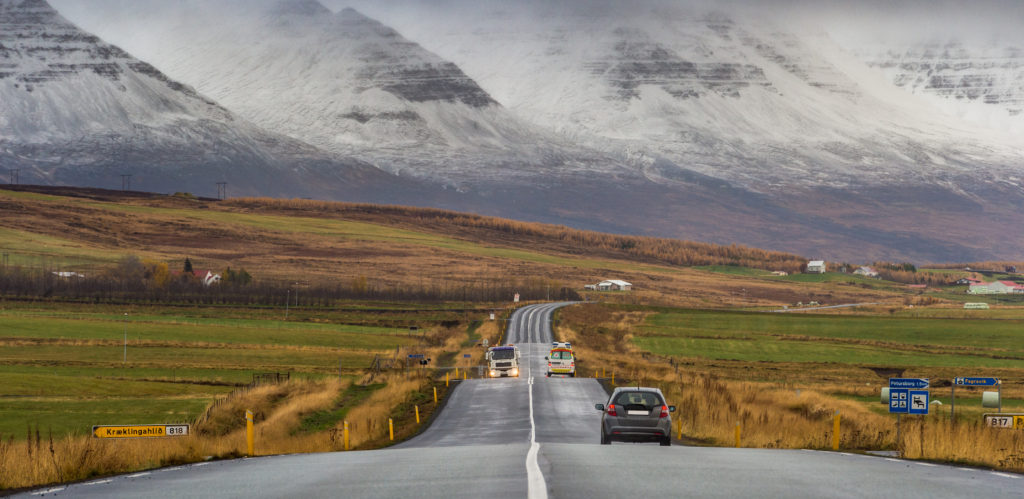 Perspective road with snow mountain range background autumn season Iceland